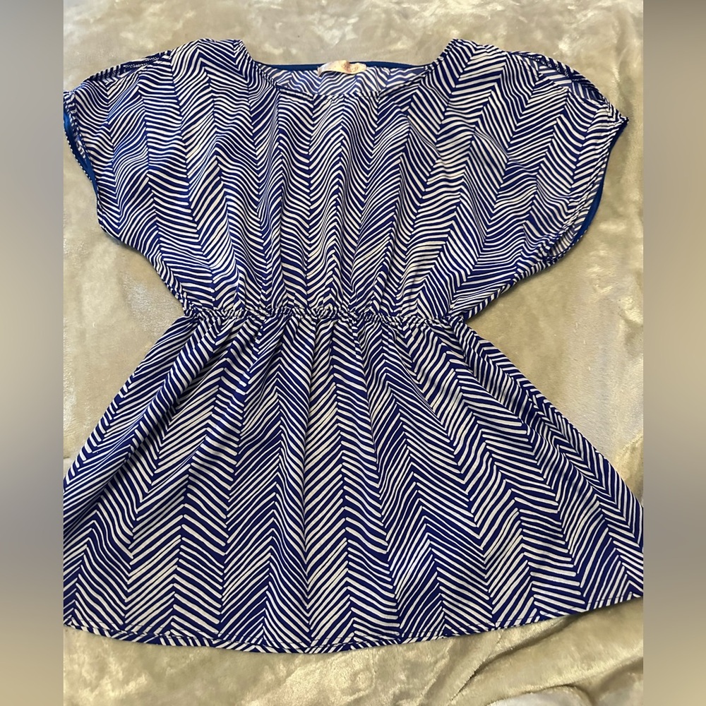 Prevett Blue/White Crosshatch Peek-A-Boo Elasticized Wiast Blouse Size L (S22)